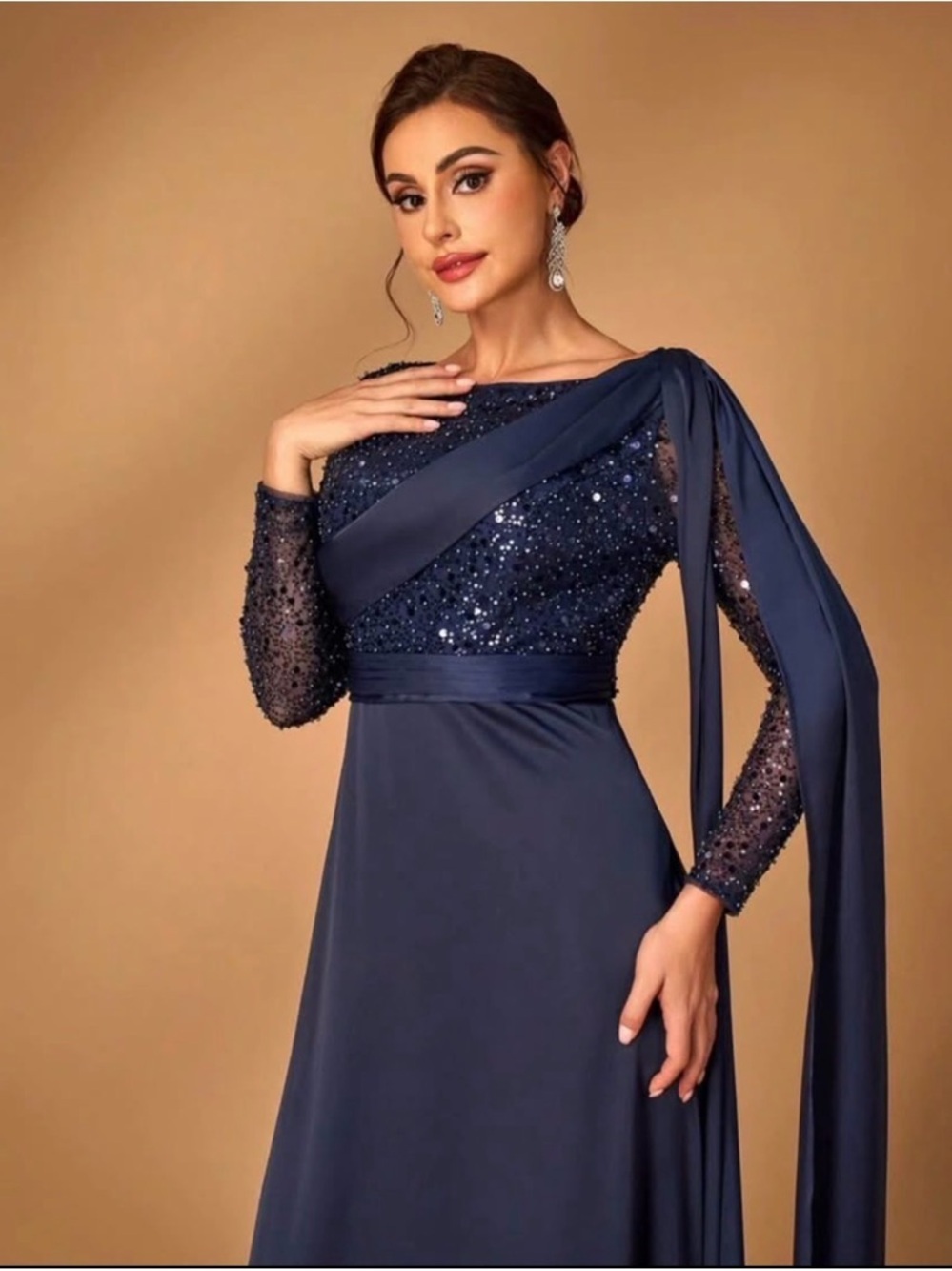 Elegant Navy Sequin Evening Dress with Draped Shoulder